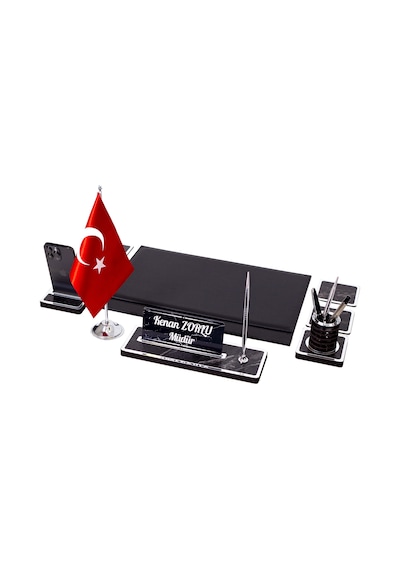 Star Bayraklı Mermer Desenli Ahşap Sümen Takımı Deri Sümen Seti Masa İsimliği - Gümüş