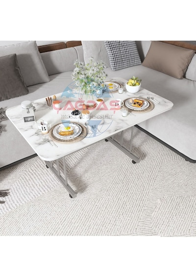 Metal Ayaklı Tekerlekli Ekonomik Orta Sehpa 70 X 110 Cm Beyaz Mermer Beyaz Mermer