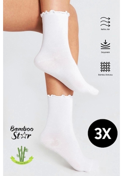 Bamboo Star Bambu Kadın Beyaz Fırfırlı Lastiksiz Dikişsiz Kadın Soket 3lü Beyaz Çorap/iz Bırakmaz /sıkmayançorap