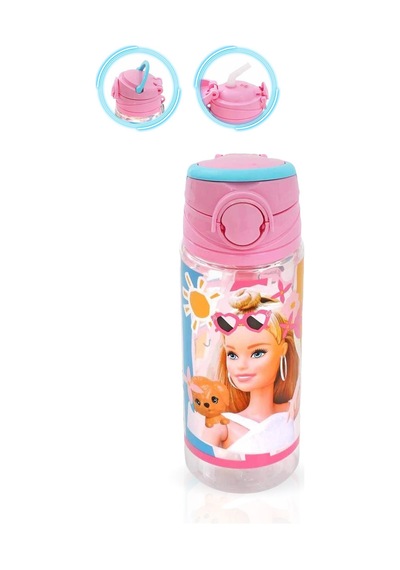 Pembe Barbie Şeffaf Matara 500ml - Çocuk Suluk, Matara, Suluk Pipetli Suluk, Askılı Suluk