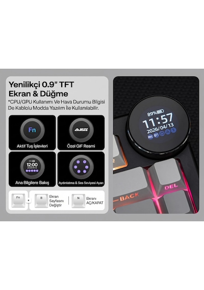 Ak820 V2 Ekranlı, Kablosuz Mekanik Oyun Klavyesi-10.000 Mah Batarya