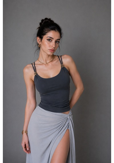 Wild Bee Kadın Antrasit Aksesuar Detaylı İp Askılı Slim Fit Bluz