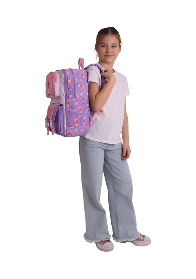 Kaukko Kids Dört Bölmeli Kız Çocuk Loopy Baskılı Lila - Pembe Okul Sırt Çantası - L5303 Çok Renkli