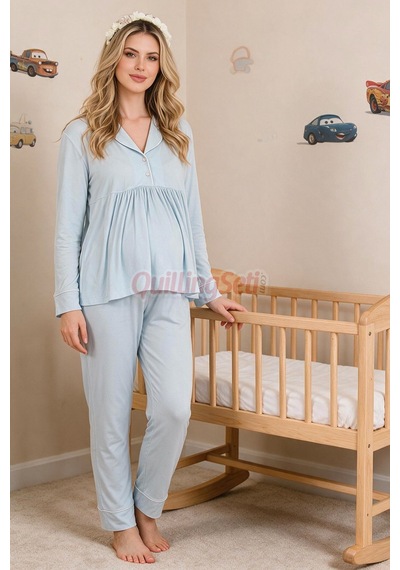 Lady Bebe Mavi Renkli Kol Ve Paçaları Manşetli, 33202 Uzun Kol, 2 Parça Lohusa Hamile Pijama Takımı Açık Mavi