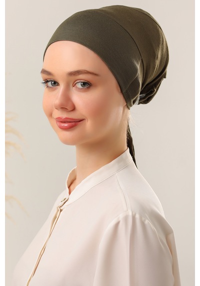 Melodi Scarf Tesettür Silikonlu Kaymaz Bone - Likralı Bağlamalı Bone - Sıkmayan Rahat Nefes Alan Kumaş Haki