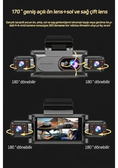 4 Kameralı 360 Derece Araç Kamerası, Full Hd 1080p, Wifi Destekli, Gece Görüşlü, G-sensör, Döngüsel Kayıt, Mobil İzleme