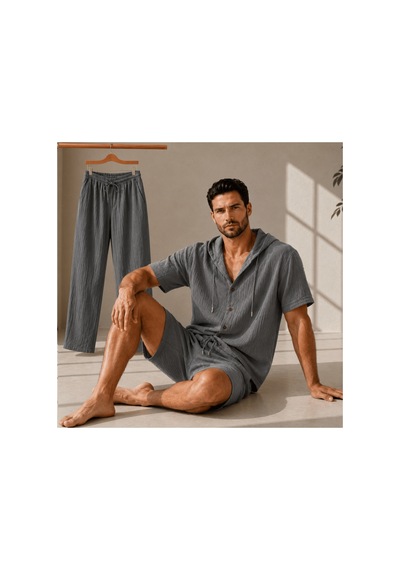 Erkek Müslin Kapşonlu 3'set Gömlek-şort-pantalon Gri