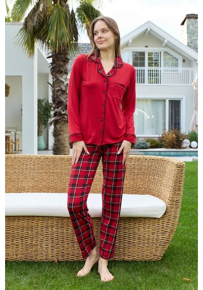 Remsa Kadın Ekose Desenli Önü Düğmeli Yumuşak Milan Kumaş Pijama Takımı 250352 Kırmızı Kırmızı