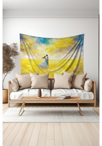 Çiçek Tarlasında Dans Desenli Duvar Halısı Duvar Örtüsü Tapestry Süet Dokulu Kumaş