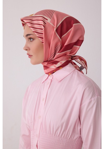 Belli Geometrik Desen %100 Twill İpek Eşarp Be01 Pembe