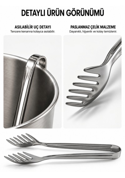 Beylini Paslanmaz Çelik Makarna Maşası 22 Cm Salata Servis Maşası Metal Spagetti Mutfak Maşası