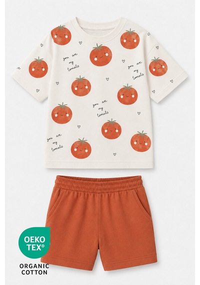 Luppinos Pamuk Baskılı Bisiklet Yaka Çift Cepli Bebek - Çocuk Tshirt Şort Set Kiremit - Beyaz