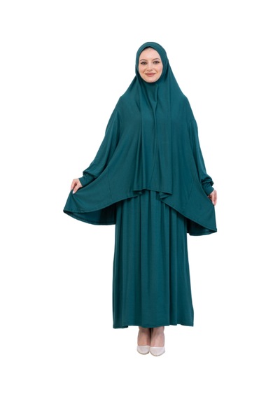 Modish Group İki Parça Namaz Elbisesi Uzun Pamuklu Tesettür Giyim Abaya & Başörtüsü Set Zümrüt