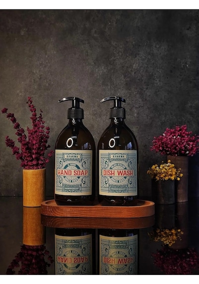 Khakma Ahşap Standlı Amber Renkli 2'li Vintage Cam Sabunluk Seti