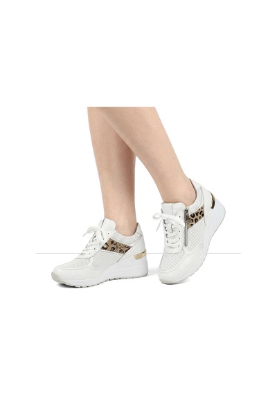 Kadın Beyaz Bağcıklı Dolgu Topuklu Deri Sneaker