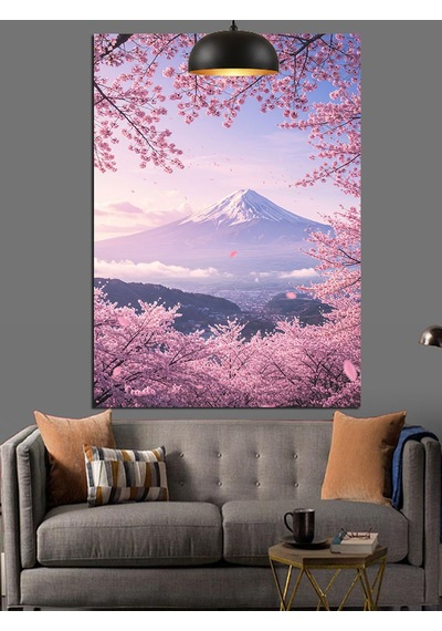 Japonya'da Kiraz Çiçekleri Arasında Fuji Dağı Dekoratif Kanvas - Mdf Ahşap Tablo