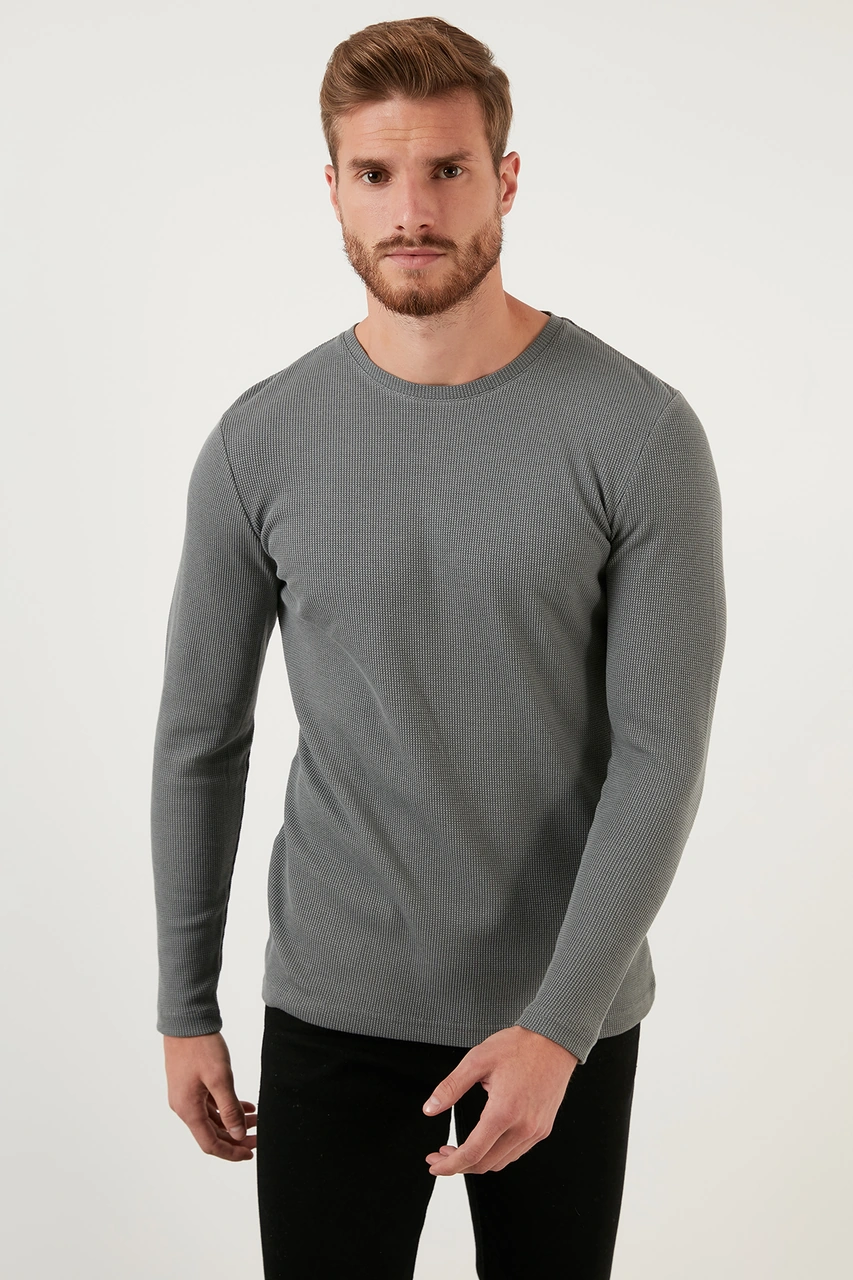 Buratti Pamuklu Bisiklet Yaka Slim Fit Basic Erkek Sweat 5905073S2 Antrasit-Açık Haki