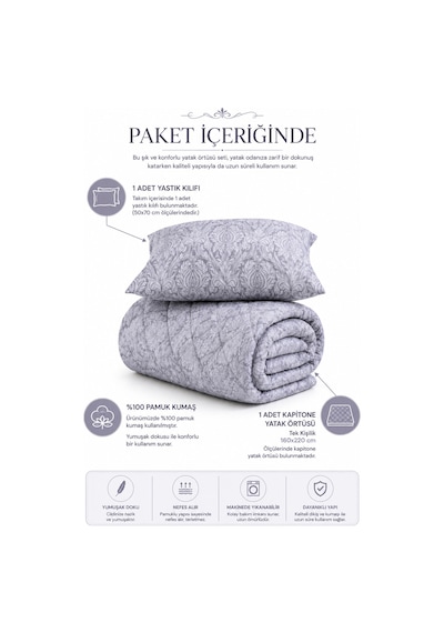 Elegant, Kapitone Tek Kişilik Yatak Örtüsü / Pike Gri Çift Yönlü Kullanım Çok Amaçlı Örtü 160x200 Cm 1 Adet Yastık Kılıfı