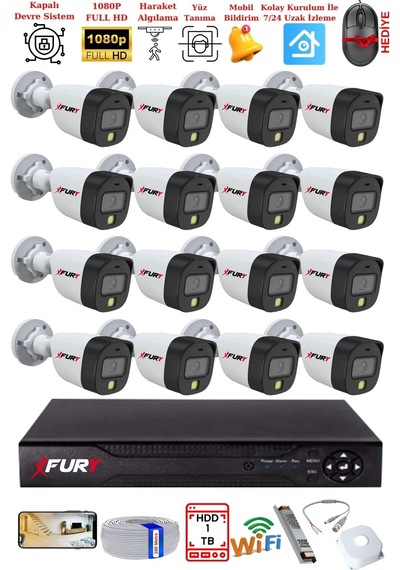Fury 16 Kameralı 5mp Lens 2 Mp Görüntü Gece Renkli Full Hd Ultra Led Akıllı Güvenlik Kamerası Seti 1 Tb