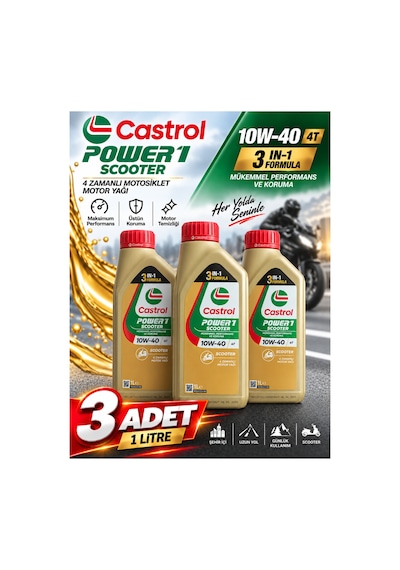 Castrol Power1 Scooter 4t 10w-40 Tam Sentetik Motor Yağı 1 Litre 3 Adet