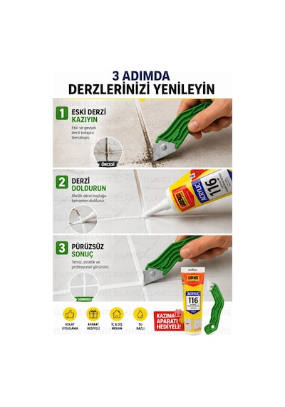Abc Derz Dolgusu 350 Gr + Derz Kazıma Aparatı Hediyeli Beyaz Akrilik Fayans Derz Tamir Ve Yenileme
