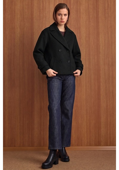Olcay Ceket Yaka Oversize Kısa Kaban Siyah 3204