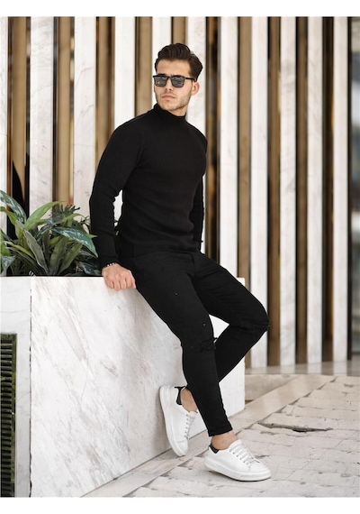 Siyah Erkek Slim Fit Yarım Balıkçı Fitilli Triko Kazak-trz19158r01s Siyah
