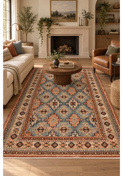 Oknar Nostaljik Saçaklı Kilim Dokulu Oturma Odası Salon Halısı Robot Süpürge Uyumlu Kolay Temizlenebilir Mavi Kiremit Mavi / Kiremit