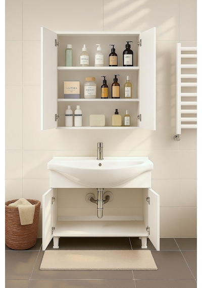 Makbulce 80 Cm Beyaz Mdf Seramik Lavabolu Ayaklı Aynalı Banyo Dolabı Beyaz
