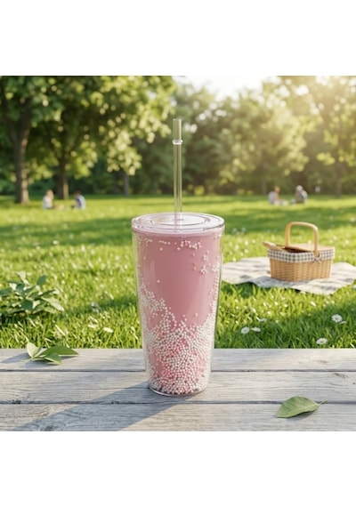 Pipetli Çift Katmanlı Soğuk İçecek Bardağı Boncuklu Tasarımlı Kapaklı Pipetli Bardak 20 Cm, Smoothie Ve Soğuk İçecekler İçin Yeniden Kullanılabilir Bardak çok renkli