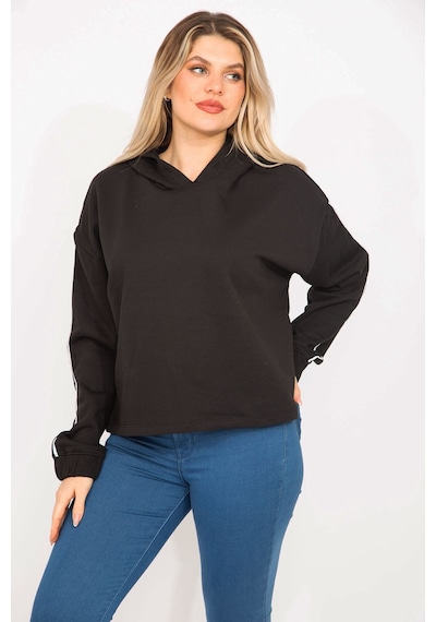 Şans Kadın Siyah Kolları Biye Detaylı Kapşonlu Sweatshirt 65n35301-siyah Siyah