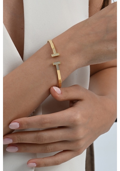 925 Ayar Gümüş Altın Yaldızlı Zirkon Taşlı T Model Bilezik Barcode Rose Gold - Gümüş