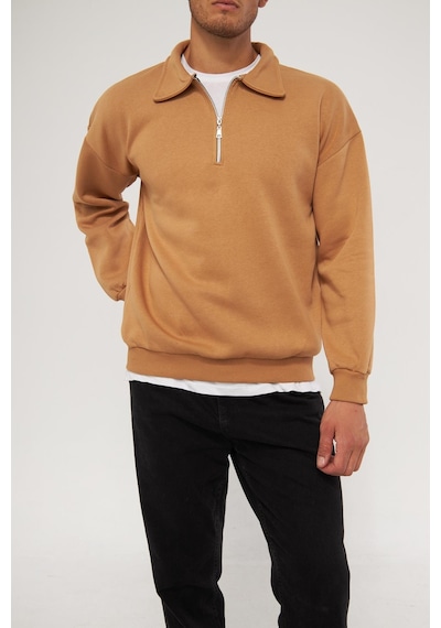 Ghassy Co. Erkek Polo Yaka Oversize Yarım Fermuarlı Sweatshirt Tarçın