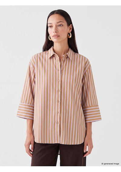 Lcw Studıo Kahverengi Çizgili Oversize Kadın Gömlek