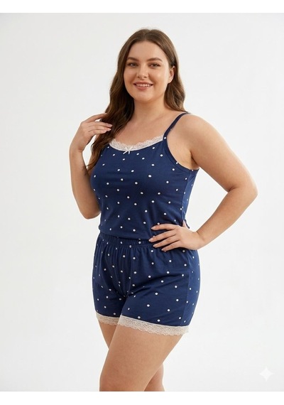 Pemilo Kadın 7240 Büyük Beden İp Askılı Şortlu Pijama Takımı Lacivert