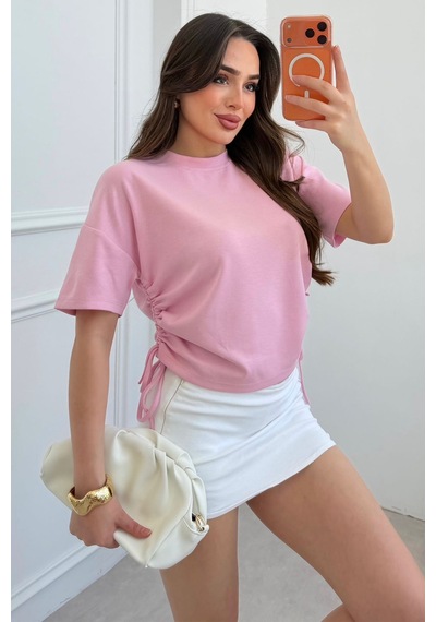 Noa&noa Kadın Yan Büzgü Detaylı Oversize Tişört Bağcıklı Modern Basic Pembe
