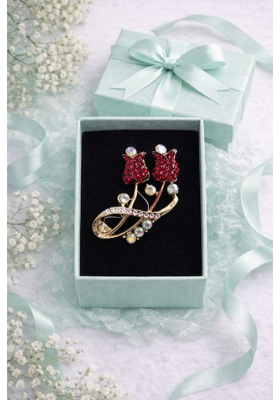 Kırmızı Gül Broş Şık Tasarım Taşlı Rose Brooch Hediye Kutulu Kadın Aksesuar 3 Renkli