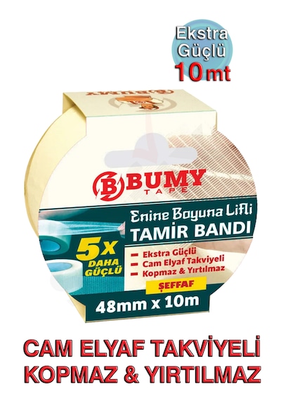 Bumy Enine Boyuna Lifli Tamir Bandı 48mm X 10mt Şeffaf, Elle Yırtılmaz, Kopmaz, 5 Kat Daha Güçlü
