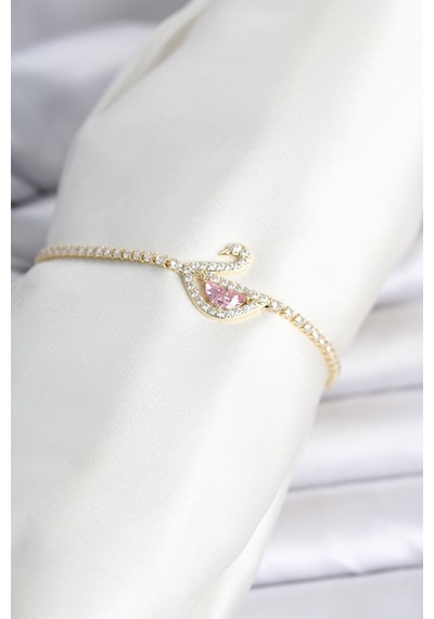 Pirinç Zirkon Taşlı Swan Model Su Yolu Kadın Bileklik Gold Renk Çok Renkli