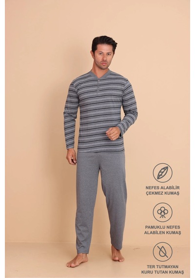 Redline Hunt Regular Erkek Uzun Kol Pijama Takımı Açık Gri