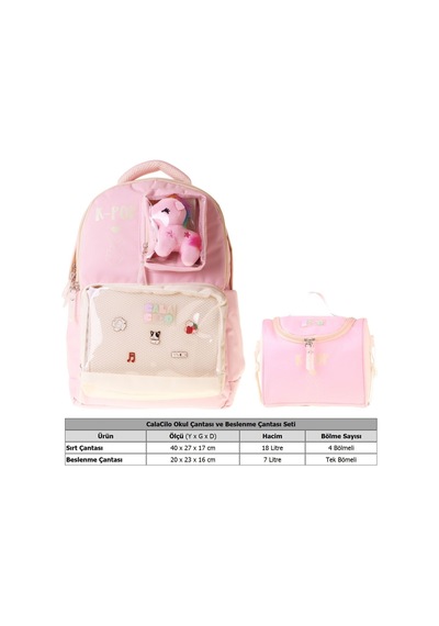 Calacilo Kız Çocuk İlkokul Sırt Çantası Ve Beslenme Seti - K-pop Pink Pembe Peluş Aksesuarlı Pembe Setcc-c4107b