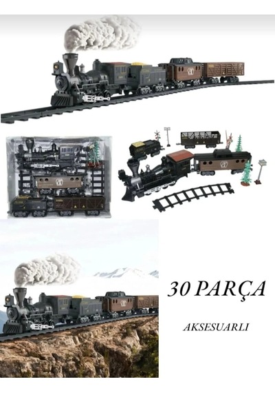 Pilli Buharlı Tren Seti - 30 Parça Işıklı Sesli Gerçek Duman Çıkaran Raylı Tren Oyuncağı