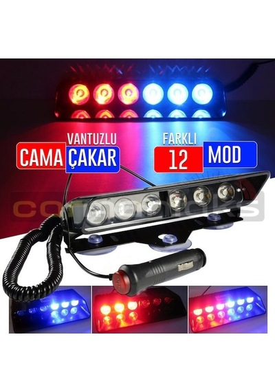 Tiger Marketing Araç Içi Vantuzlu Cama Çakar Kırmızı Mavi 6 Led 12 Farklı Mod