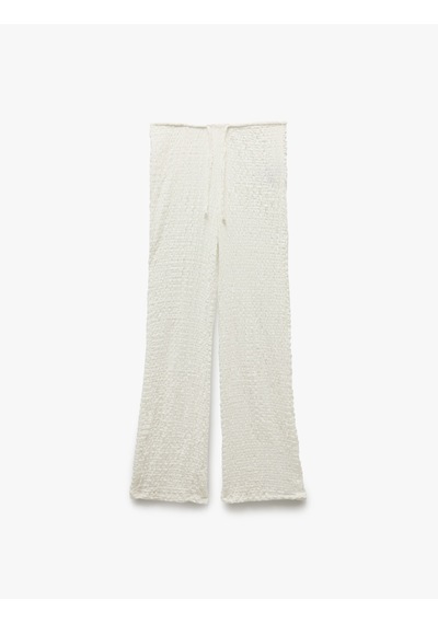 Koton Beli Bağlamalı Dokulu Bol Düz Paça Pantolon Ekru 5sak40001ek
