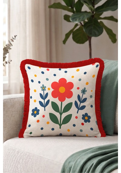 Retro Çiçek Renkli Benekli Saçaklı Yastık Kılıfı - Floral Krem Kırmızı Bordo Püsküllü Kırlent Kılıfı Serin Düş Mira Retro Çiçek Renkli Benekli Saçaklı Yastık Kılıfı - Floral Krem Kırmızı Bordo Püsküllü Kırlent Kılıfı Serin Düş Mira