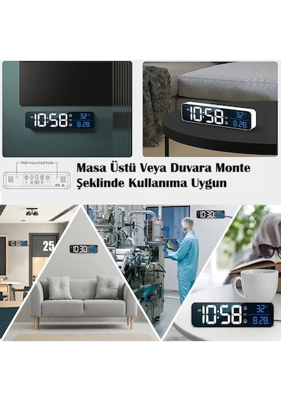Led Dijital Masa Saati Kablosuz Şarjlı, Çift Alarmlı, Sıcaklık Ve Tarih Göstergeli Siyah