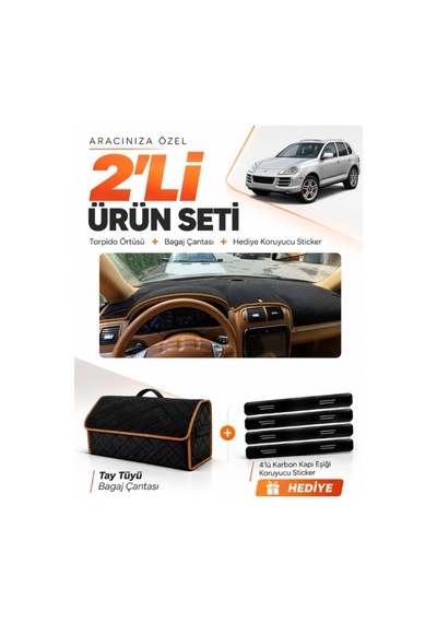 E-biz Porsche Cayenne 2002-2010 Uyumlu Torpido Örtüsü + Tay Tüyü Çanta - Siyah-kahverengi - Po001
