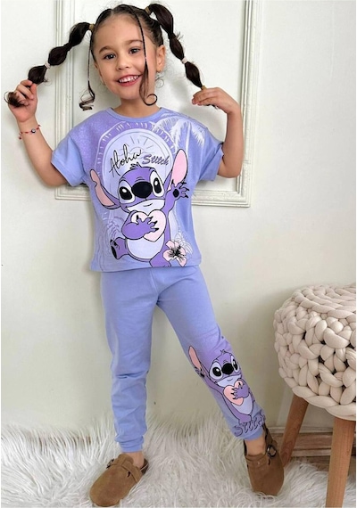 Kız Çocuk Stitchh Desenli Kısa Kollu Tshırt Eşofman 2'li Takım-985 Mor Kız Çocuk Stitchh Desenli Kısa Kollu Tshırt Eşofman 2'li Takım-985 Mor