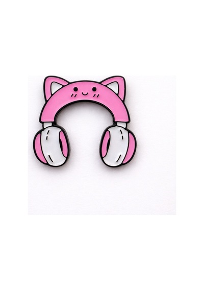 Kedi Kulaklı Kulaklık Tasarımlı Metal Rozet Pembe Figürlü Çanta Aksesuarı Pin Gri