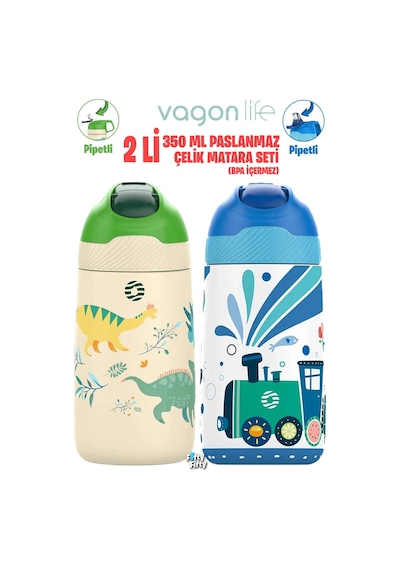 Vagonlife 2'li Set 350 Ml Çocuk Pipetli Çelik Matara Paslanmaz Çelik Termos 5 Farklı Renk 2055-350ml 001